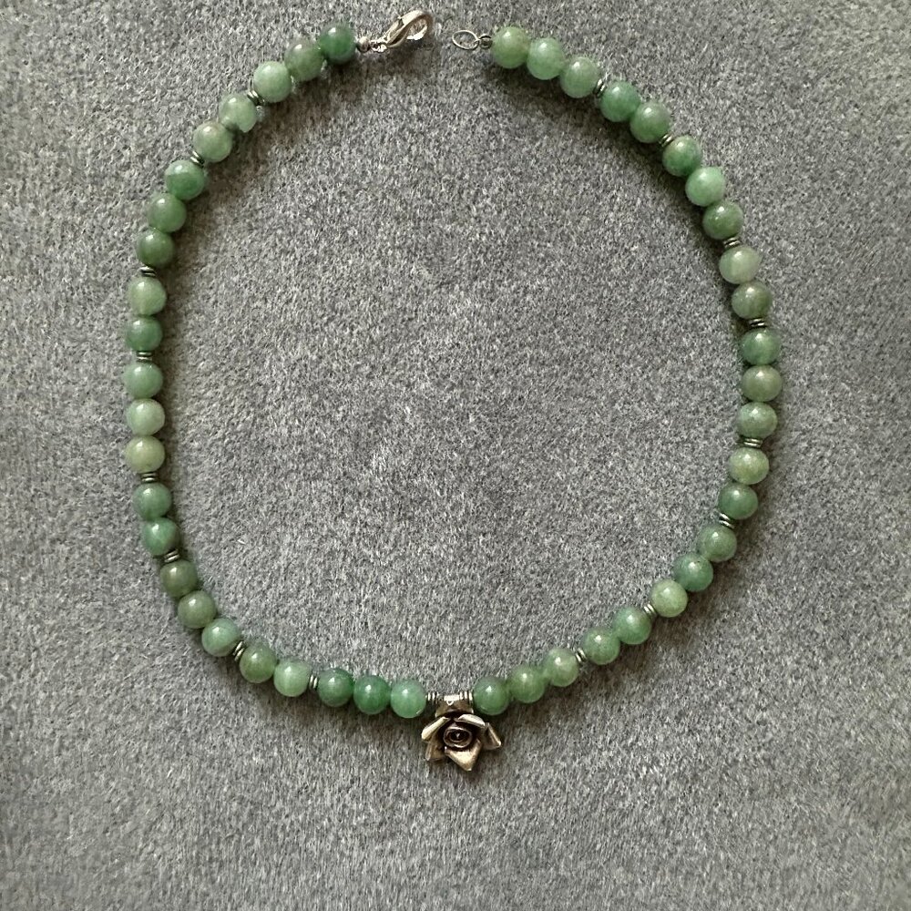 Artisan made aventurine necklace with silver tone rose accent